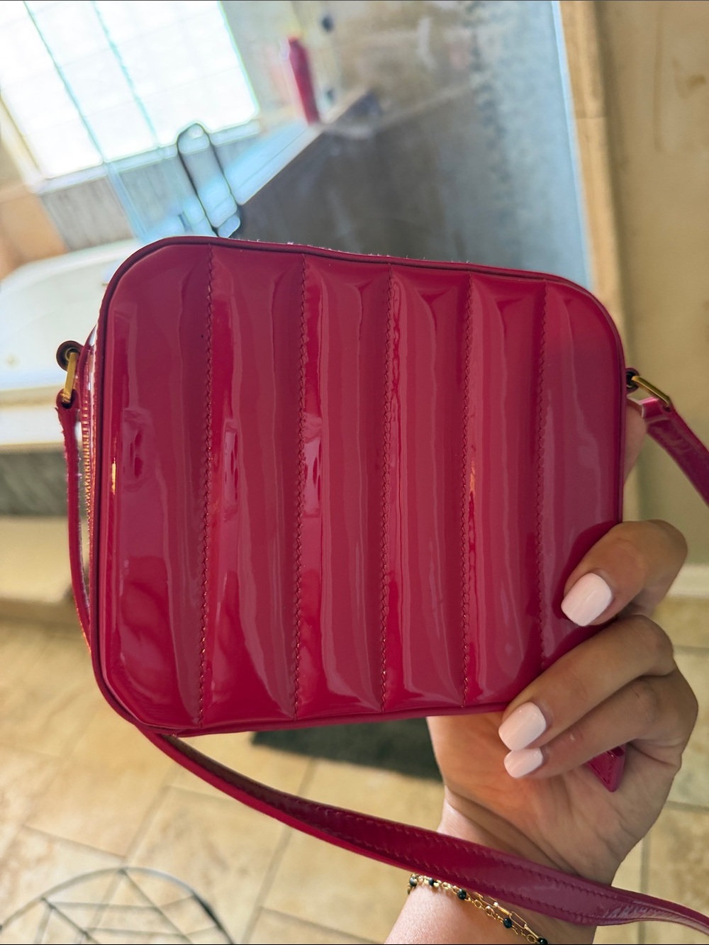 Saint Laurent Quilted Patent Crossbody in Fuchsia Pink with Gold Logo - Picture 2 of 5